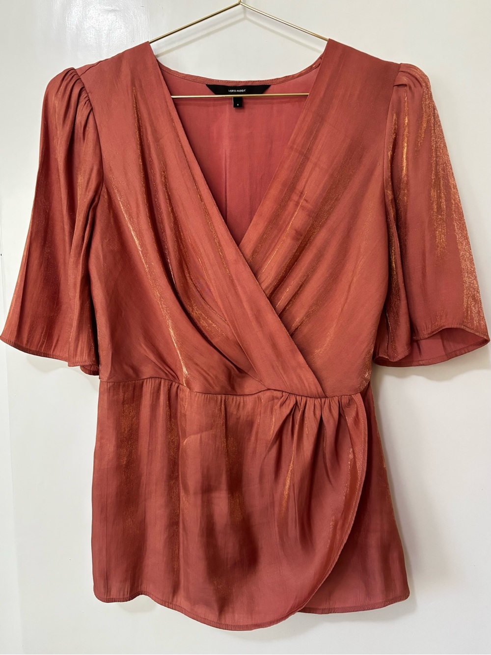 Vero Moda| Rust Silky Shimmery Lightweight Short Sleeve Wrap Blouse Sz S